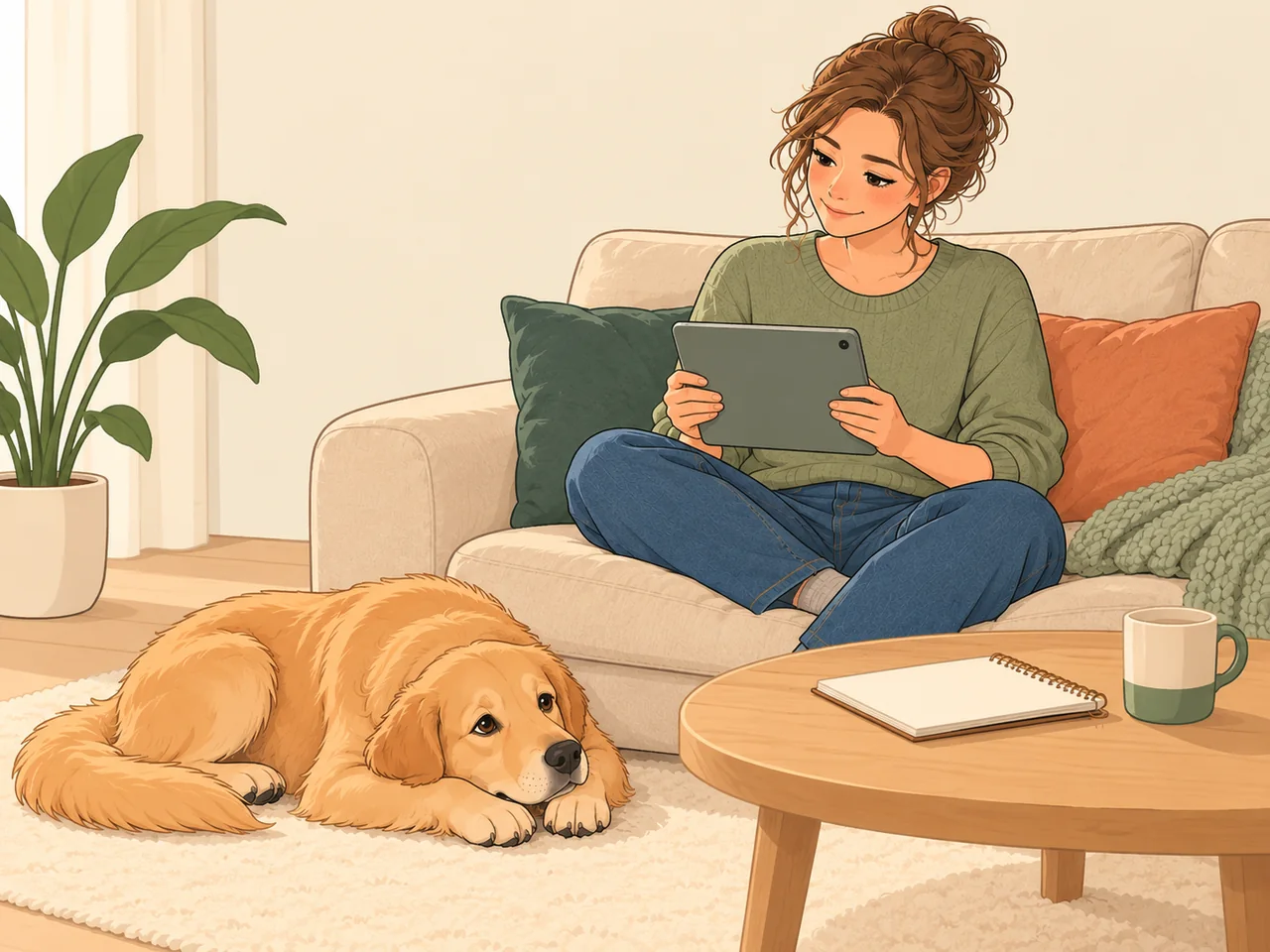 Eine Mutter sitzt mit einem Tablet auf dem Sofa, dessen Rückseite zu sehen ist. Golden Retriever Lotti ruht entspannt neben ihr.