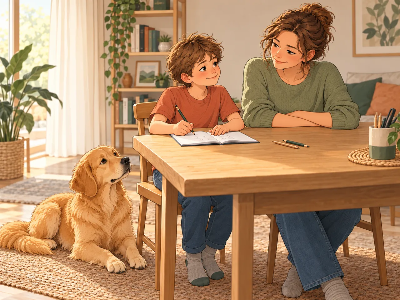 Mutter und Kind tauschen beim Lernen einen zugewandten Blick aus; Lotti liegt entspannt daneben.