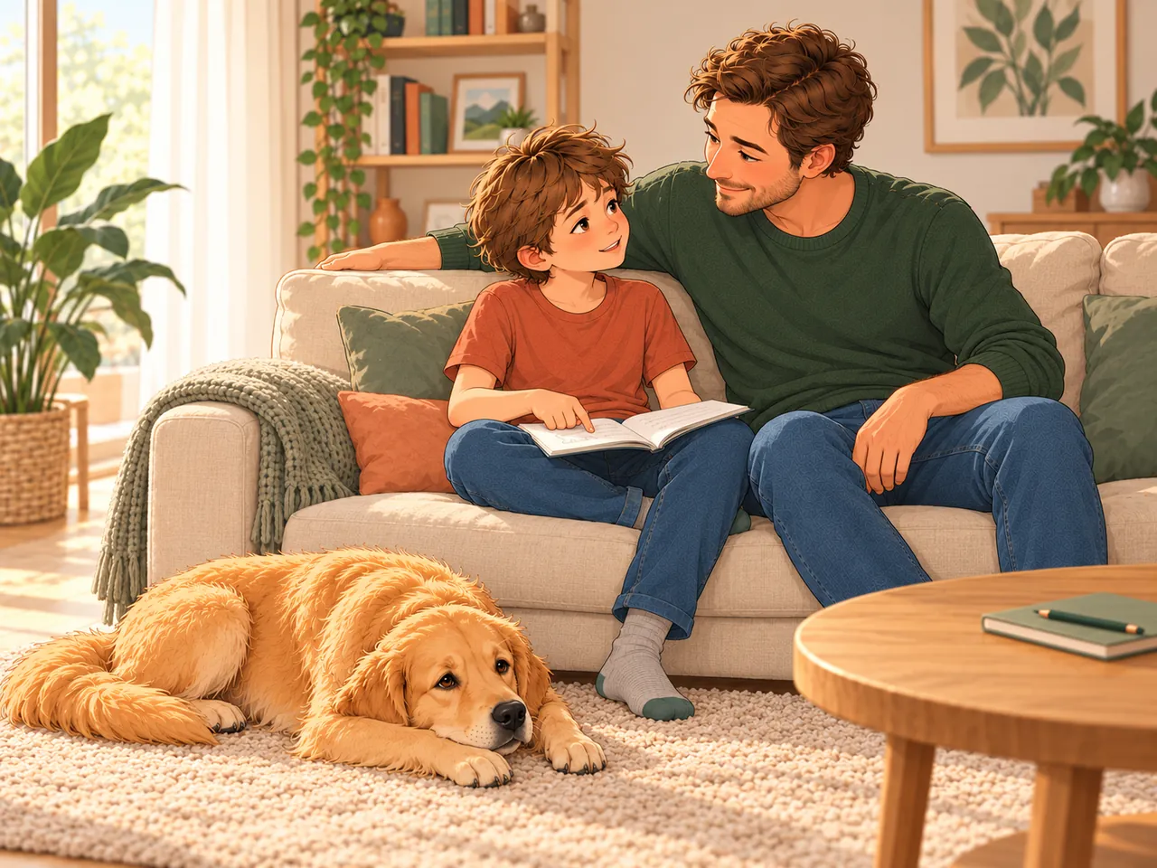 Vater und Kind schauen sich beim gemeinsamen Lesen auf dem Sofa lächelnd an; Lotti liegt entspannt davor.