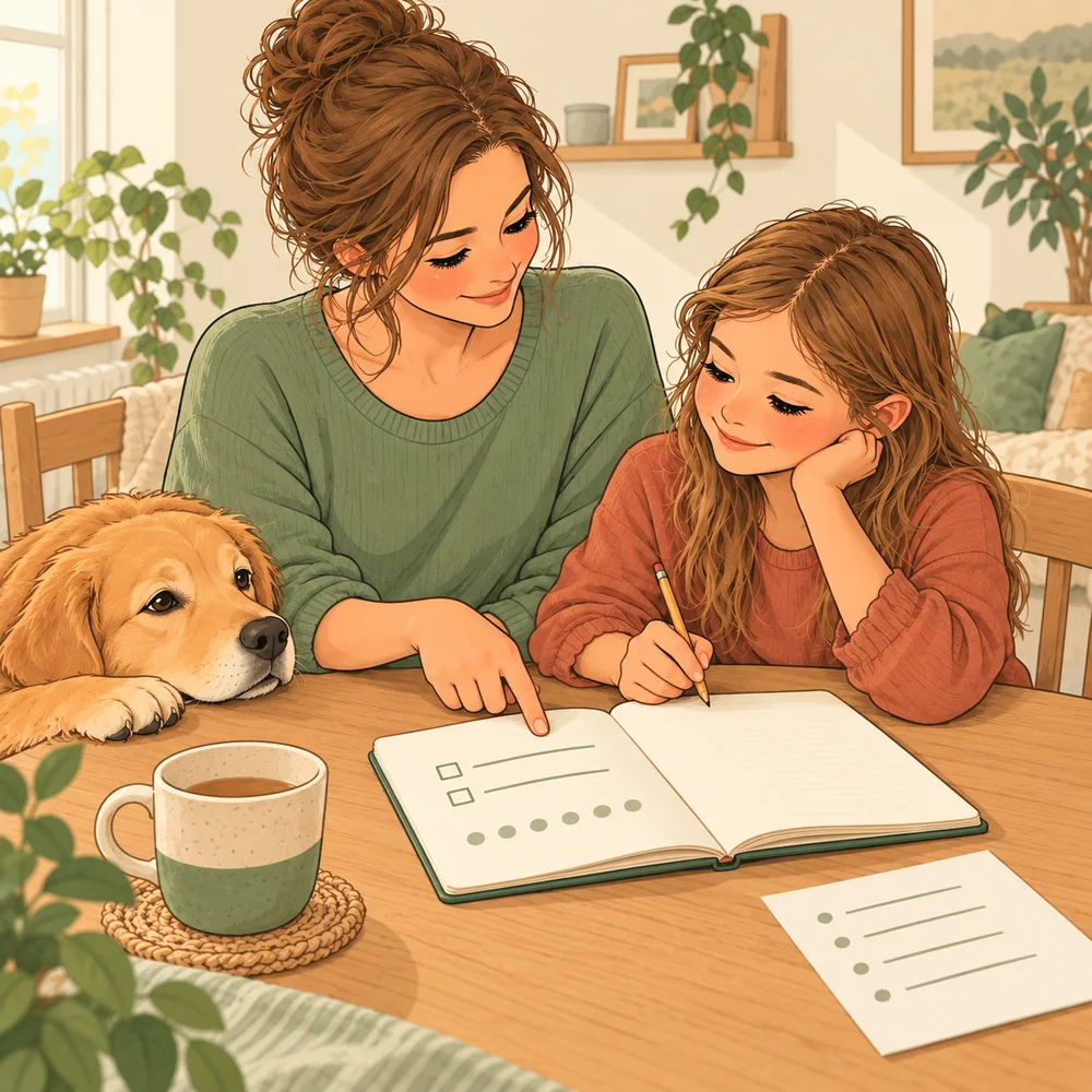 Illustration: Eine Mutter und ihr Kind planen gemeinsam einen kleinen Lernschritt in einem Notizbuch. Golden Retriever Lotti liegt entspannt daneben.