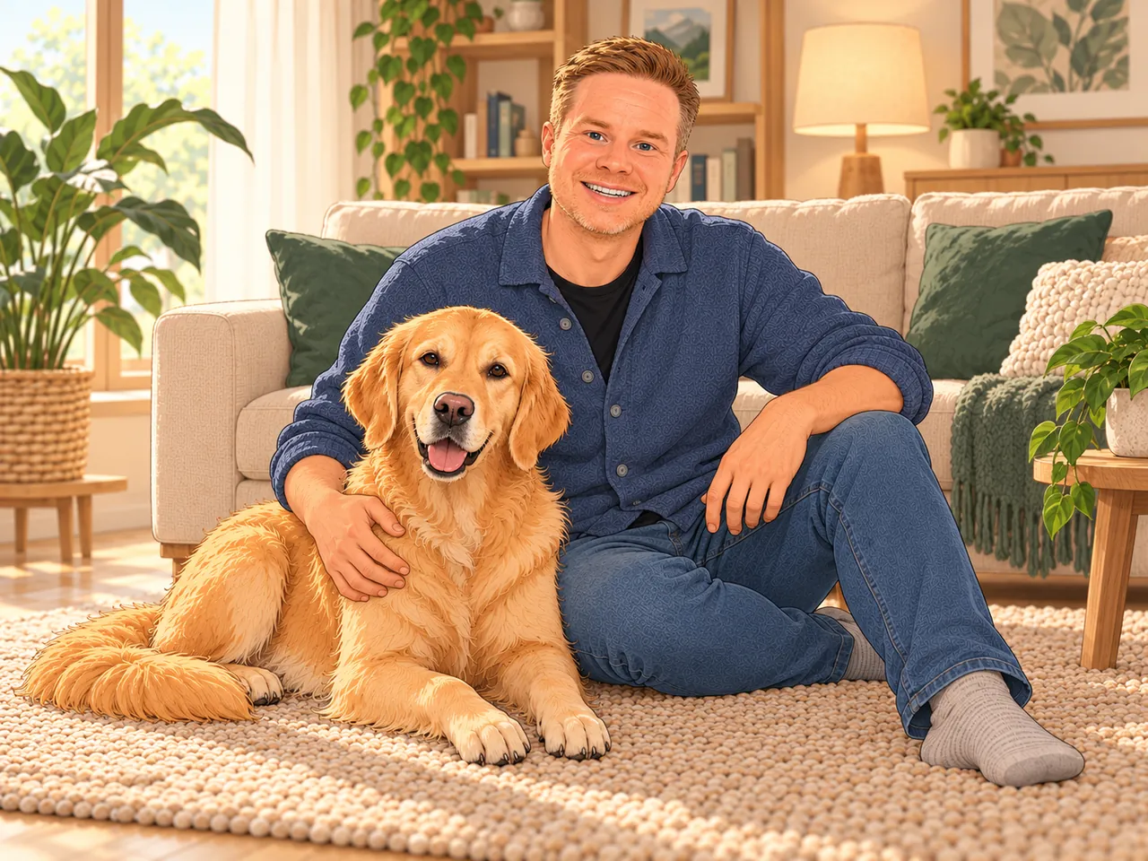 Matthias Dede sitzt mit seiner Golden-Retriever-Hündin Lotti auf dem Teppich im hellen Wohnzimmer.