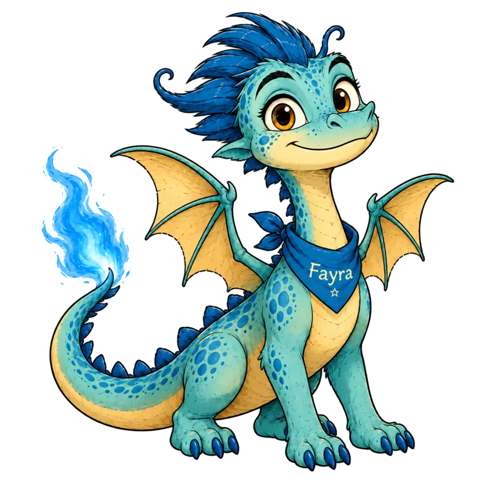 Fayra, der blaue Drache mit Halstuch und blauer Flamme