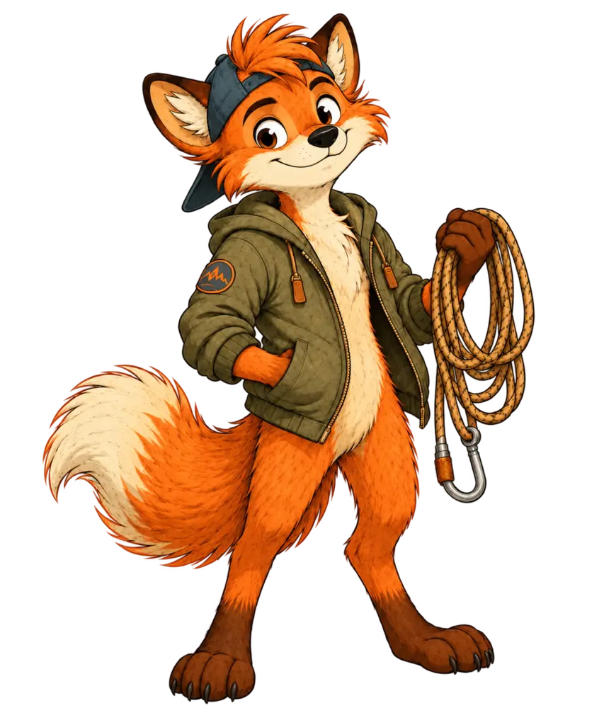 Filou, der Fuchs mit Kappe und Kletterseil