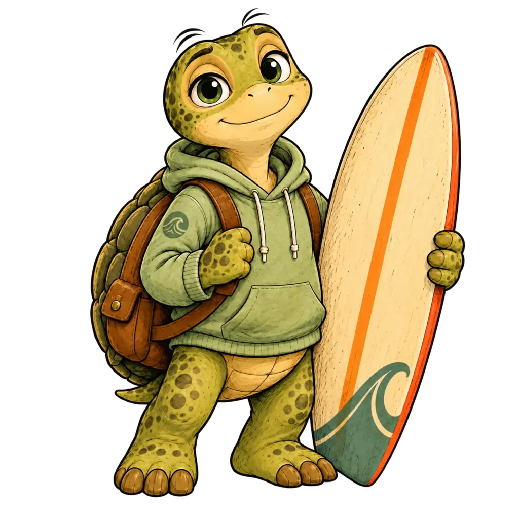 Tilo, die Schildkröte mit Rucksack und Surfbrett